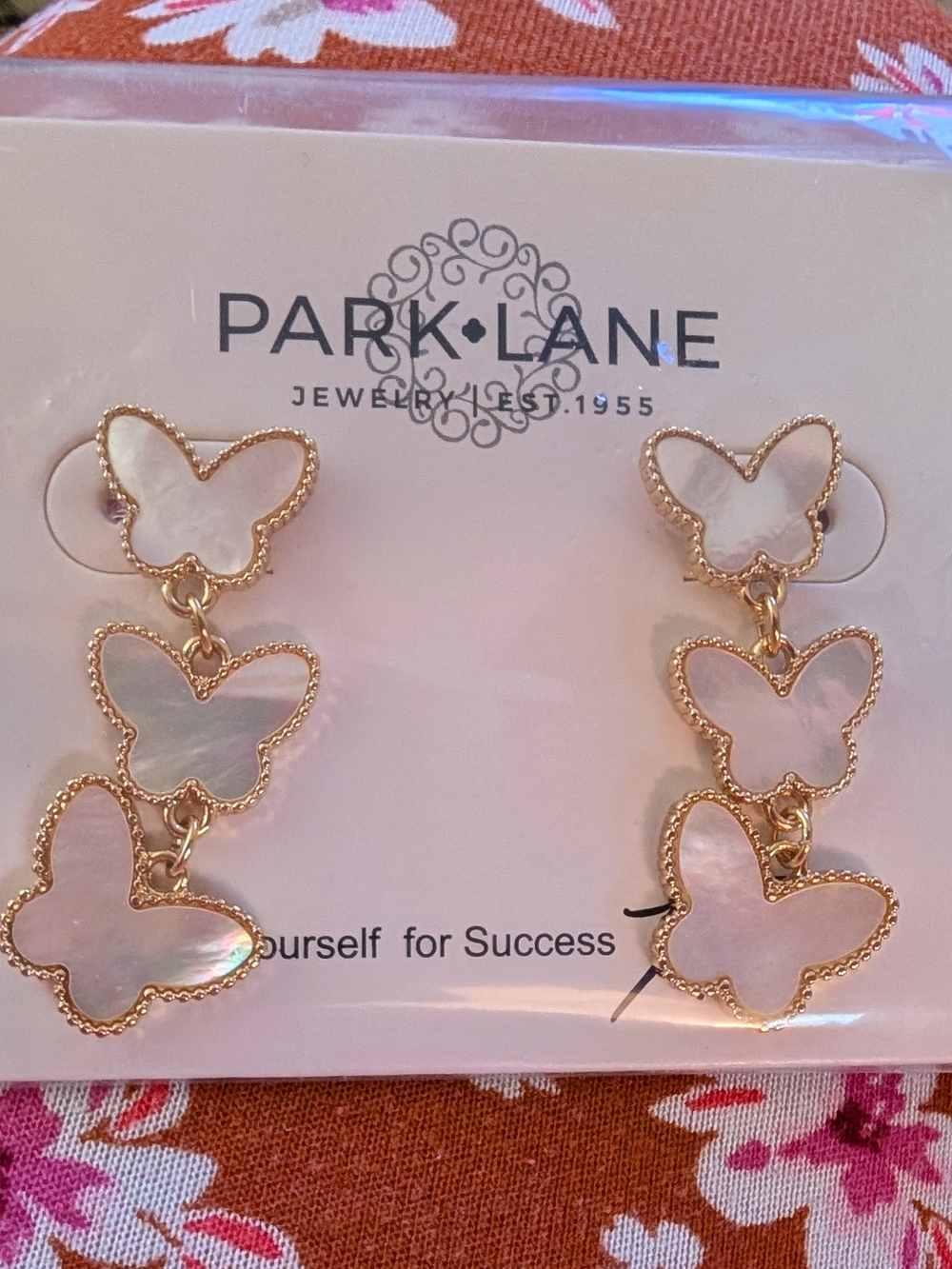 Park Lane Gold Butterfly Drop Earrings with Pink and Cream Mother-of-Pearl